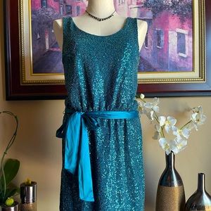Express Sparkly Sequin Teal Belted Sleeveless Cocktail Dress
